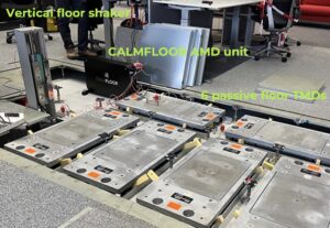 Six TMDs each with 250 kg moving mass and one 67 kg CALMFLOOR demo unit on top of the structural floor.